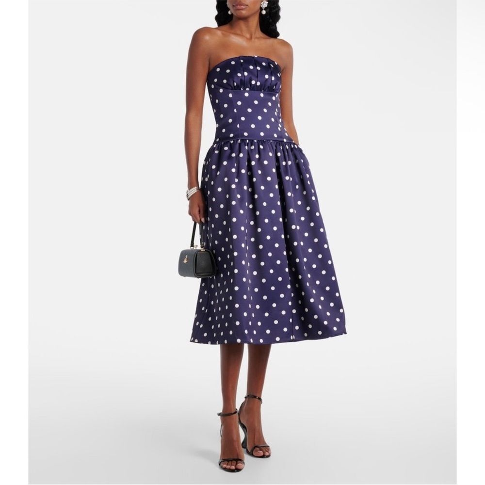 Self Portrait Polka Dot Satin Midi Strapless Dress in Navy Blue Viral Revolve 10